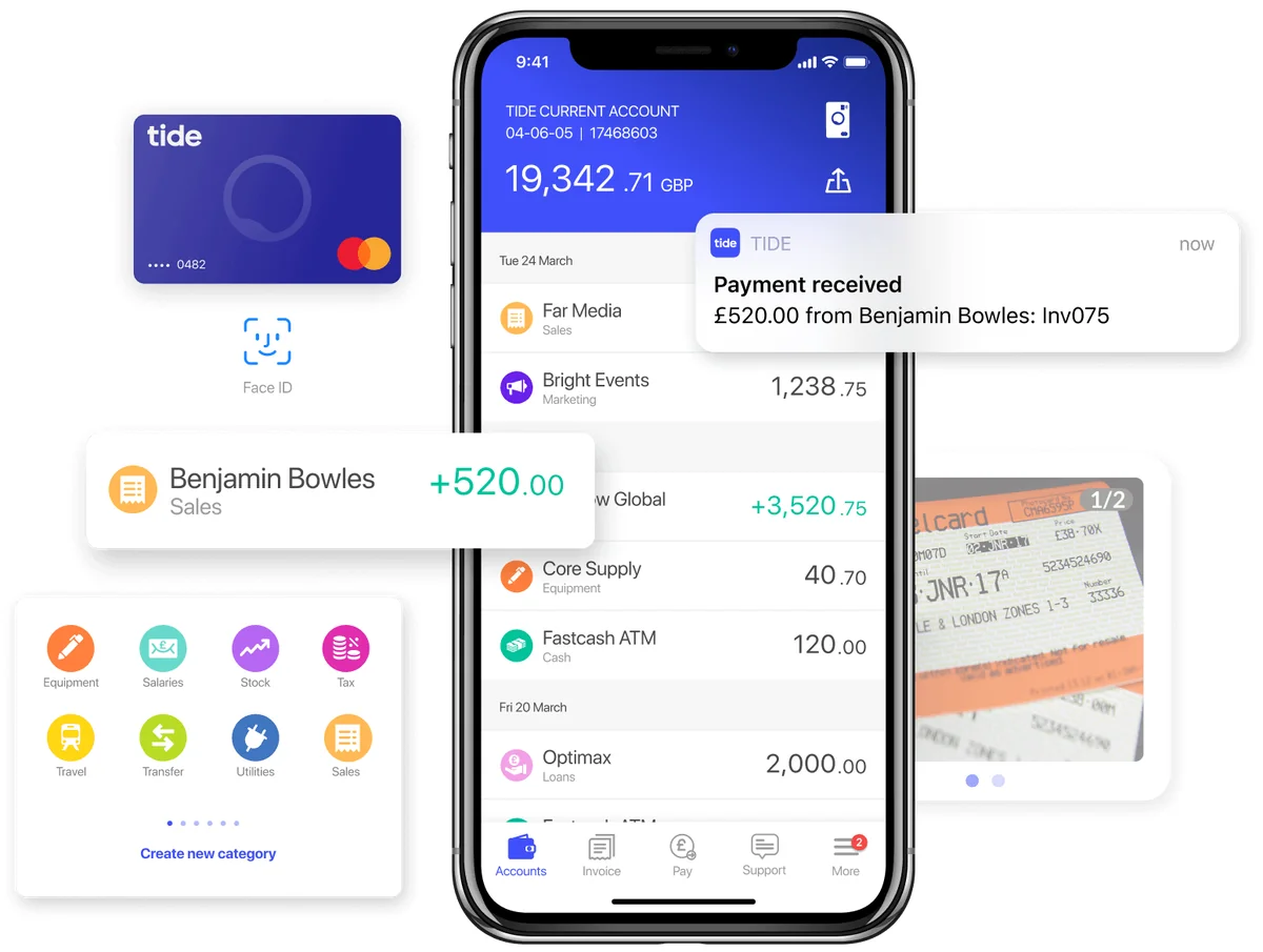 Tide business account app dashboard — account balance, transactions and expense categories