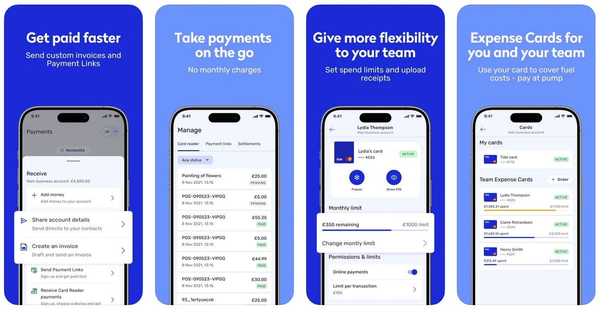 Tide app features — get paid faster, take payments on the go, team expense cards