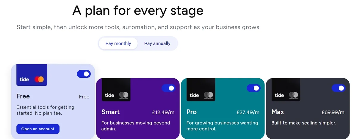 Tide plans — Free, Smart £12.49/m, Pro £27.49/m, Max £69.99/m