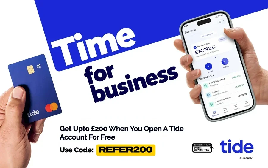 Time for business — get up to £200 when you open a Tide account, use code REFER200